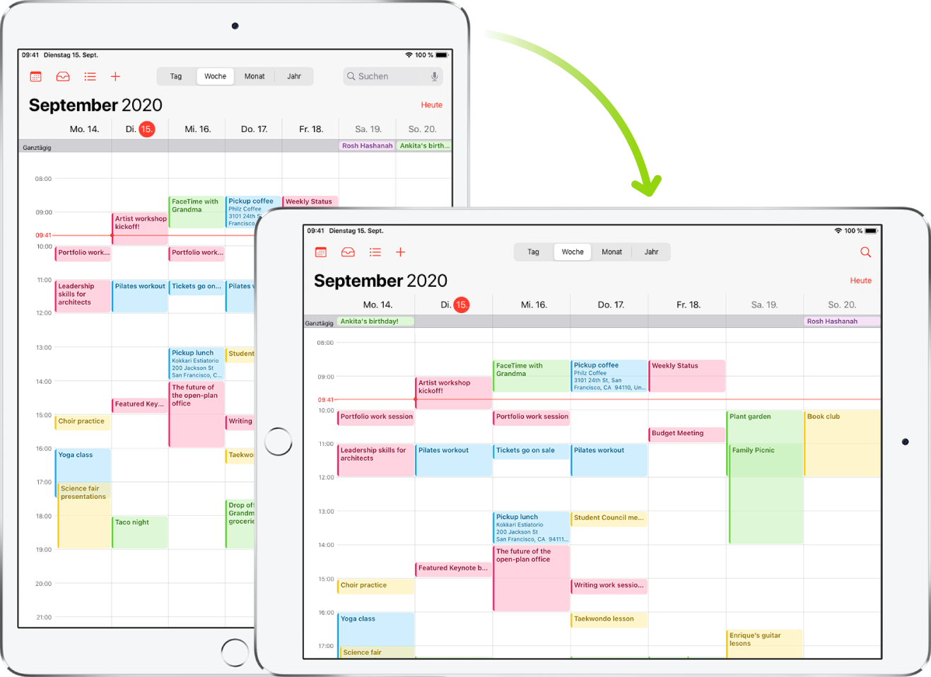 Im Hintergrund zeigt das iPad einen Kalender im Hochformat. Im Vordergrund wurde das iPad gedreht und zeigt den Kalender im Querformat.