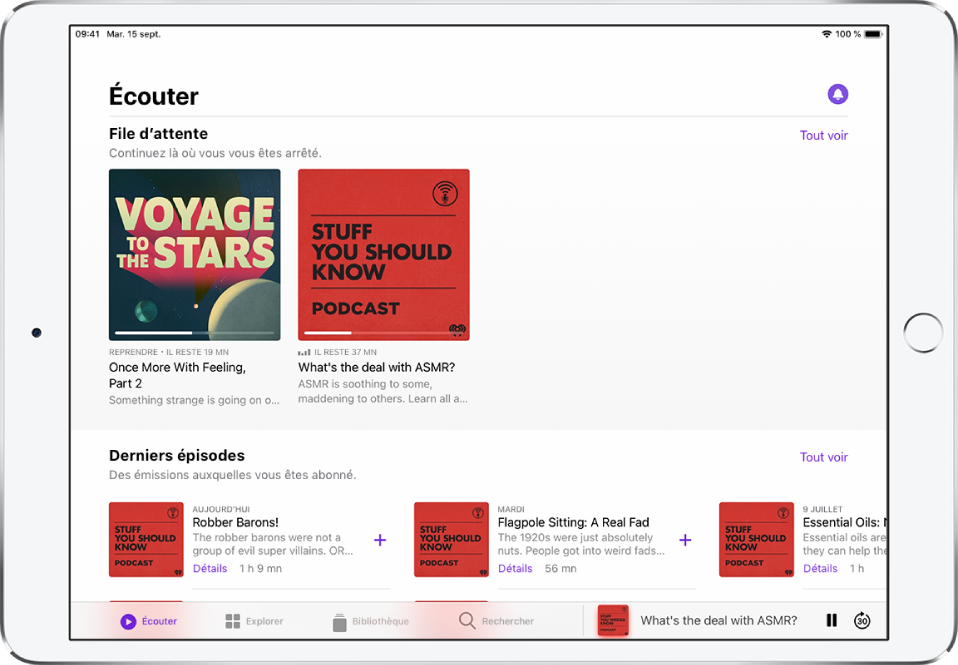 L’onglet Bibliothèque affichant les épisodes récemment mis à jour.