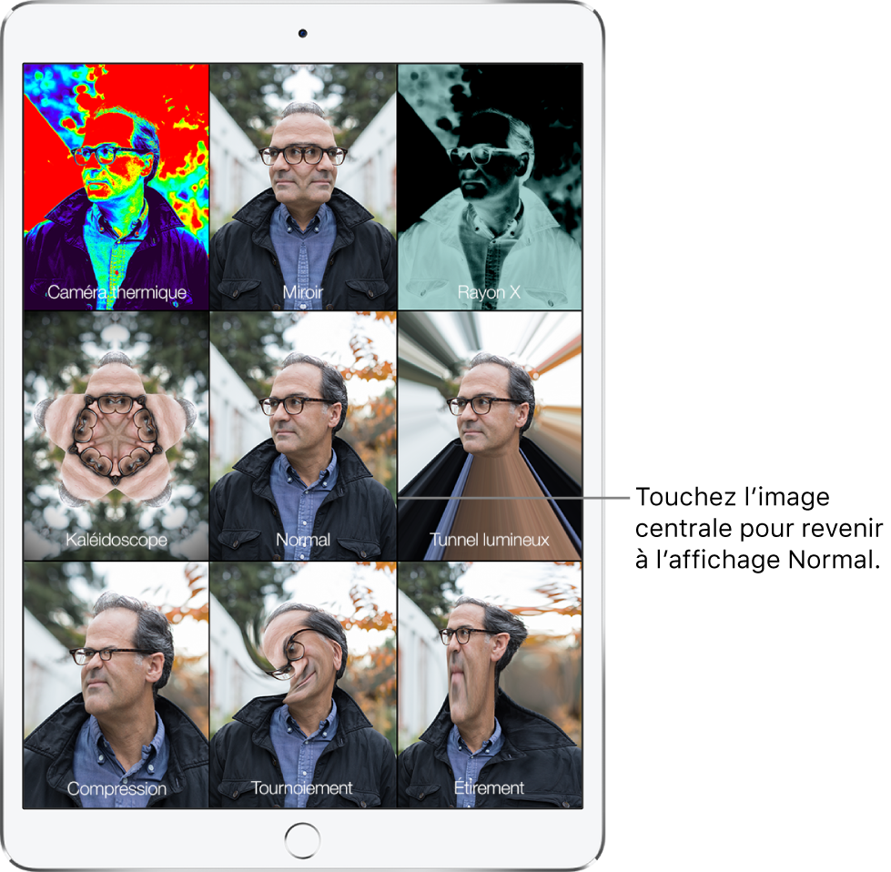 Un écran Photo Booth montrant neuf vues du visage d’un homme, avec différents effets appliqués dans des tuiles distinctes. Dans la rangée du haut se trouvent, de gauche à droite, les effets Caméra thermique, Miroir et Rayon X. Dans la rangée du milieu se trouvent, de gauche à droite, les effets Kaléidoscope, Normal et Tunnel lumineux. Dans la rangée du bas se trouvent, de gauche à droite, les effets Compression, Tournoiement et Étirement.