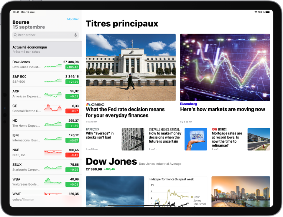 L’écran Bourse en orientation paysage. Le champ de recherche se trouve dans le coin supérieur gauche. En dessous du champ de recherche se trouve la liste de suivi. Les meilleurs articles associés à la bourse dans la liste de suivi remplissent le reste de l’écran.