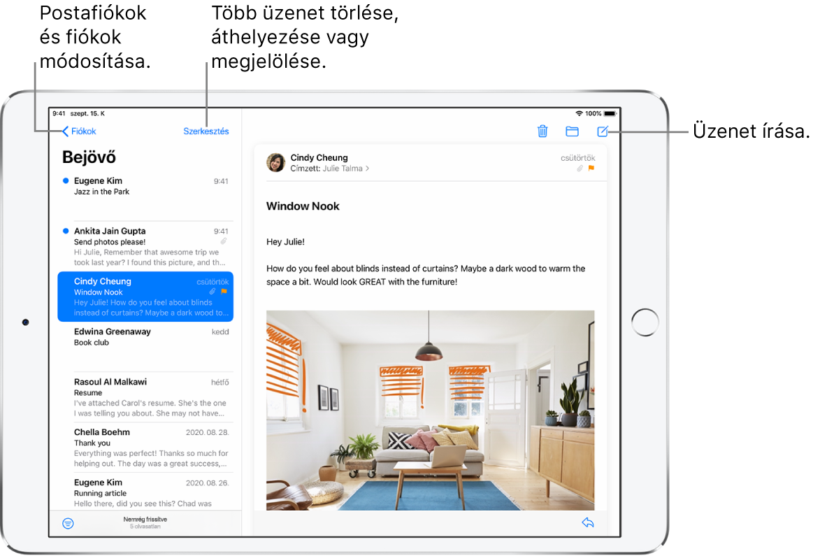 A Mail bejövő postafiókja, a bal oldalon az e-mailek listájával, a jobb oldalon pedig egy megnyitott e-mail-szállal. A másik postafiókra történő átváltáshoz használható Postafiókok gomb a bal felső sarokban található. A bal alsó sarokban lévő gombbal szűrheti az e-mail üzeneteket, hogy csak meghatározott típusú e-mailek jelenjenek meg. Az új e-mail létrehozására szolgáló gomb a jobb felső sarokban található.