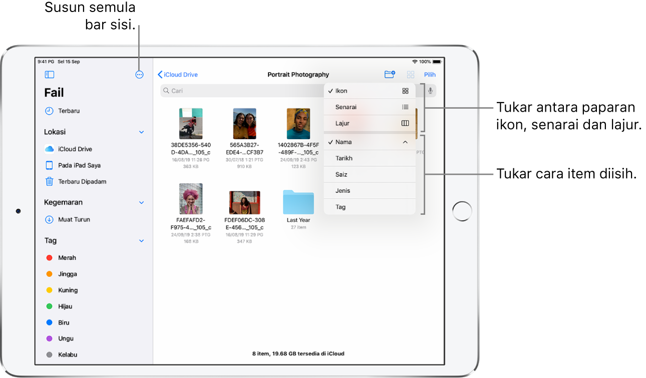 Lokasi iCloud Drive menunjukkan butang untuk menyusun semula, untuk mengisih mengikut Nama, Tarikh, Saiz dan Tag, serta untuk menukar antara paparan senarai dan ikon.