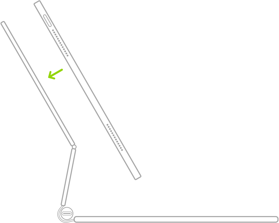 Ilustrasi Magic Keyboard untuk iPad dibuka dan dilipat balik. iPad ditempatkan di atas papan kekunci untuk sambungan kepada Magic Keyboard untuk iPad.