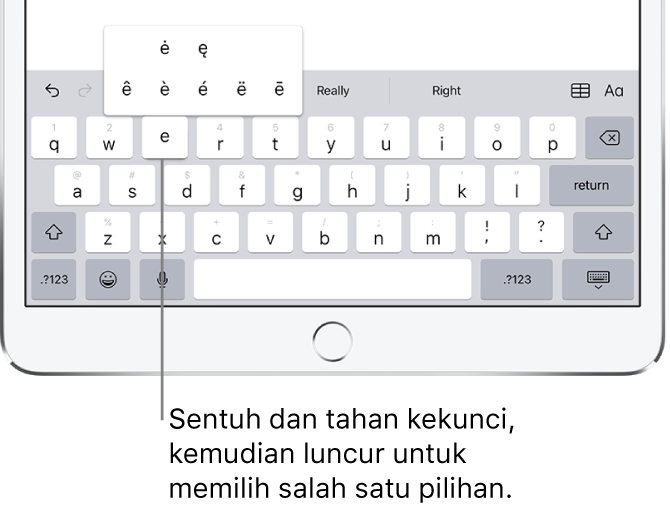 Skrin menunjukkan aksara beraksen alternatif untuk kekunci e.