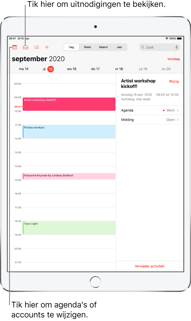 Een agenda in de dagweergave. Tik op de knoppen bovenin om te schakelen tussen de weergaven 'Dag', 'Week', 'Maand' en 'Jaar'. Tik op de knop 'Agenda's om te schakelen tussen agenda's of accounts. Tik op de knop 'Inkomend' linksbovenin om uitnodigingen te bekijken.