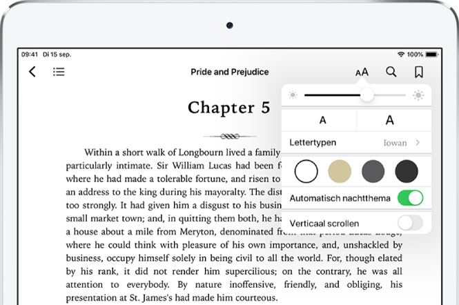Het weergavemenu in een boek is geselecteerd, met van boven naar beneden knoppen voor helderheid, lettergrootte, lettertype, paginakleur, automatisch nachtthema en schuifweergave.