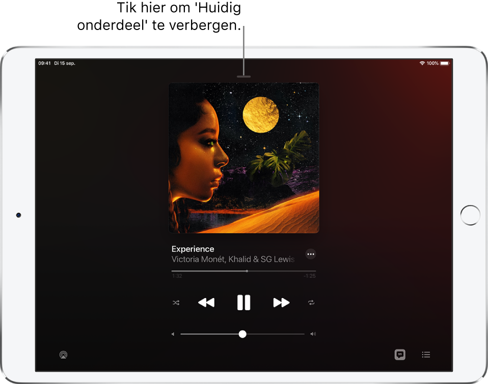 Het scherm 'Huidig onderdeel' met de albumillustratie. Hieronder zie je de titel van het nummer, de artiest, de knop 'Meer', de afspeelkop, afspeelregelaars, de volumeschuifknop, de songtekstknop, de afspeelbestemmingsknop en de wachtrijknop. De knop voor het verbergen van het huidige onderdeel bevindt zich bovenin.