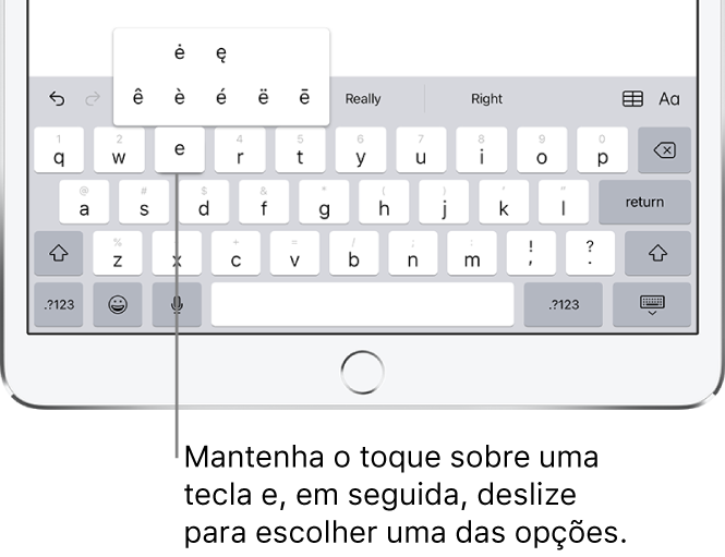 Tela mostrando caracteres alternativos acentuados da tecla e.