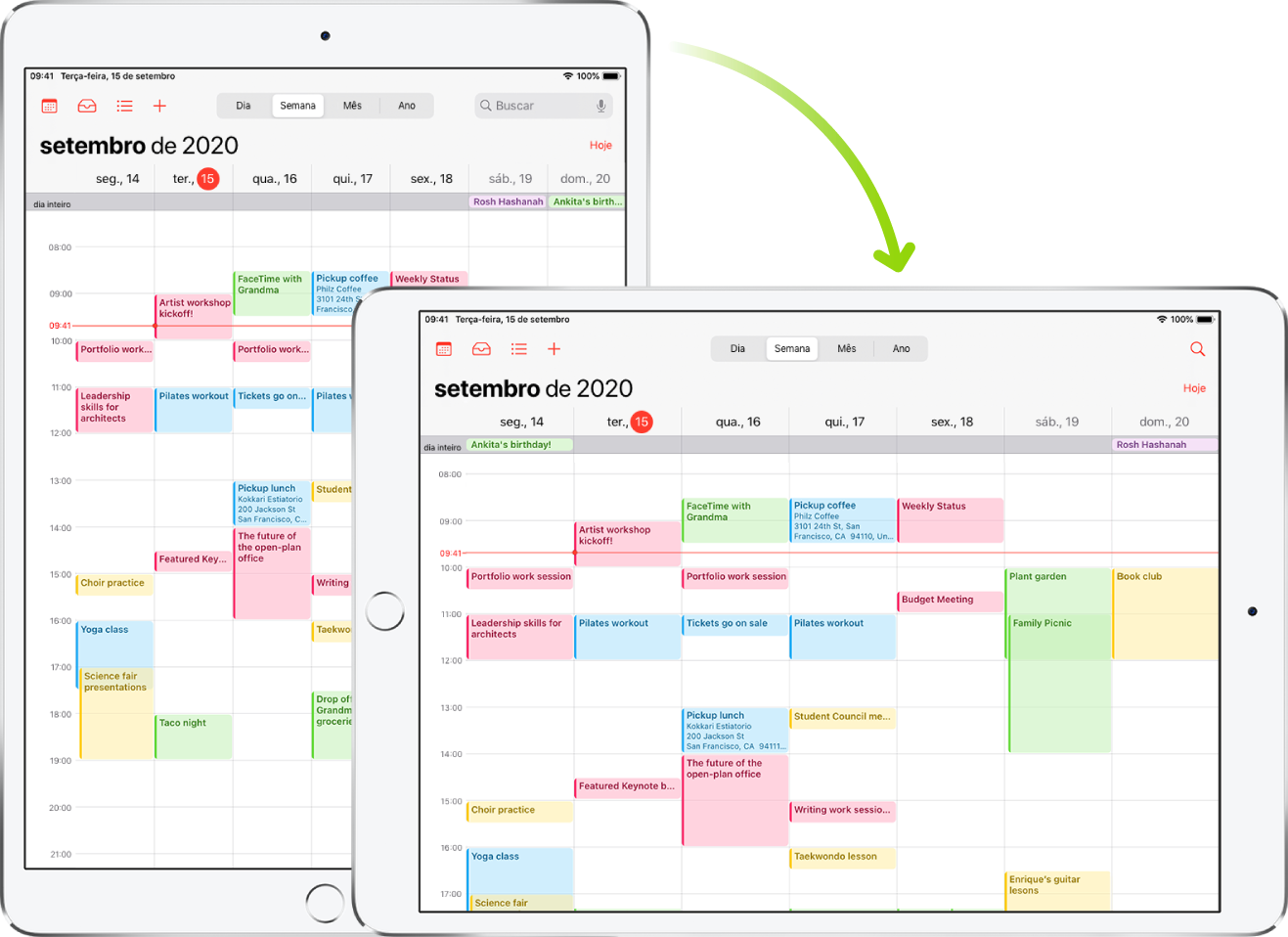 Em segundo plano, um iPad mostra uma tela do Calendário na orientação vertical; em primeiro plano, o iPad encontra-se girado e mostra a tela do Calendário na orientação horizontal.