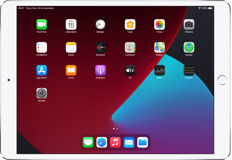 Tela de Início do iPad com o Modo Escuro ativado.