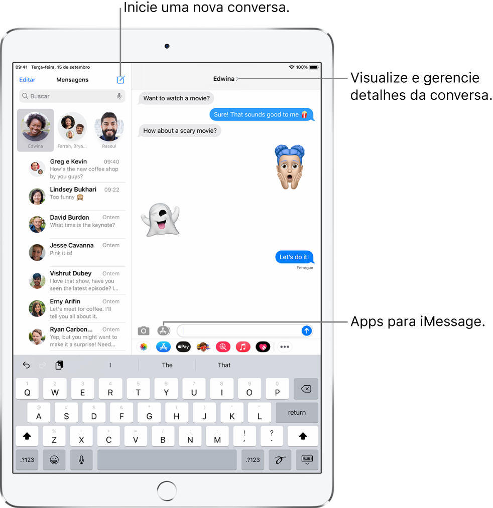 Lista Mensagens à esquerda e uma conversa à direita.