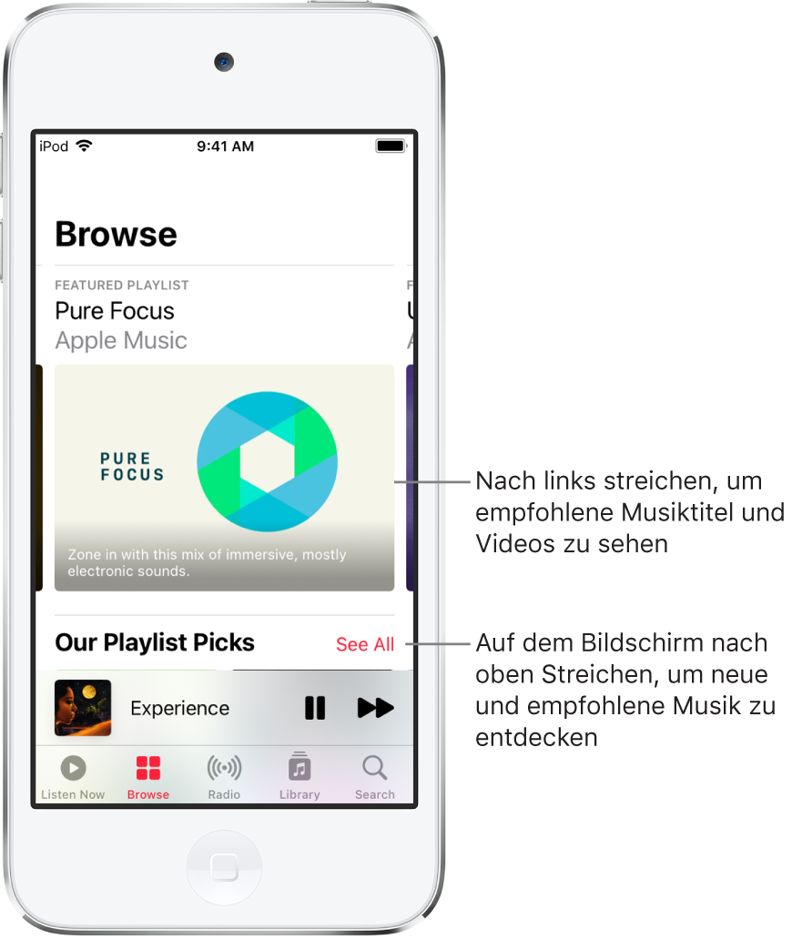 Der Bildschirm „Entdecken“ mit vorgestellter Musik oben. Du kannst nach links streichen, um mehr vorgestellte Musik und Videos zu entdecken. Darunter wird der Bereich „Diese Playlists musst du hören“ mit zwei Apple Music-Sendern angezeigt. Die Taste „Alle anzeigen“ befindet sich rechts neben dem Bereich „You Gotta Hear“. Du kannst auf dem Bildschirm nach oben streichen, um neue Musik und Empfehlungen zu sehen.