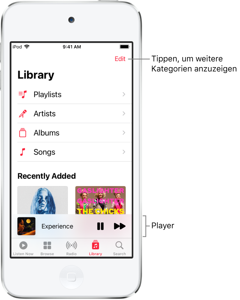 Der Bildschirm „Mediathek“ mit einer Liste der Kategorien „Playlists“, „Künstler“, „Alben“ und „Musiktitel“. Die Überschrift „Zuletzt hinzugefügt“ wird unter der Liste angezeigt. Der Player mit dem Titel des aktuellen Musiktitels und den Tasten „Anhalten“ und „Nächster Titel“ unten.
