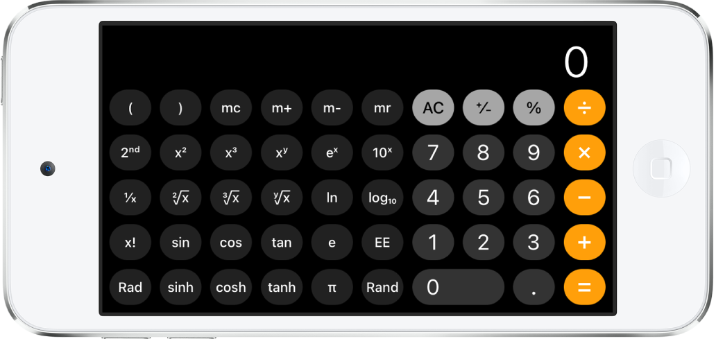 iPod touch in landscape orientation showing the scientific calculator with exponential, logarithmic, and trigonometric functions.