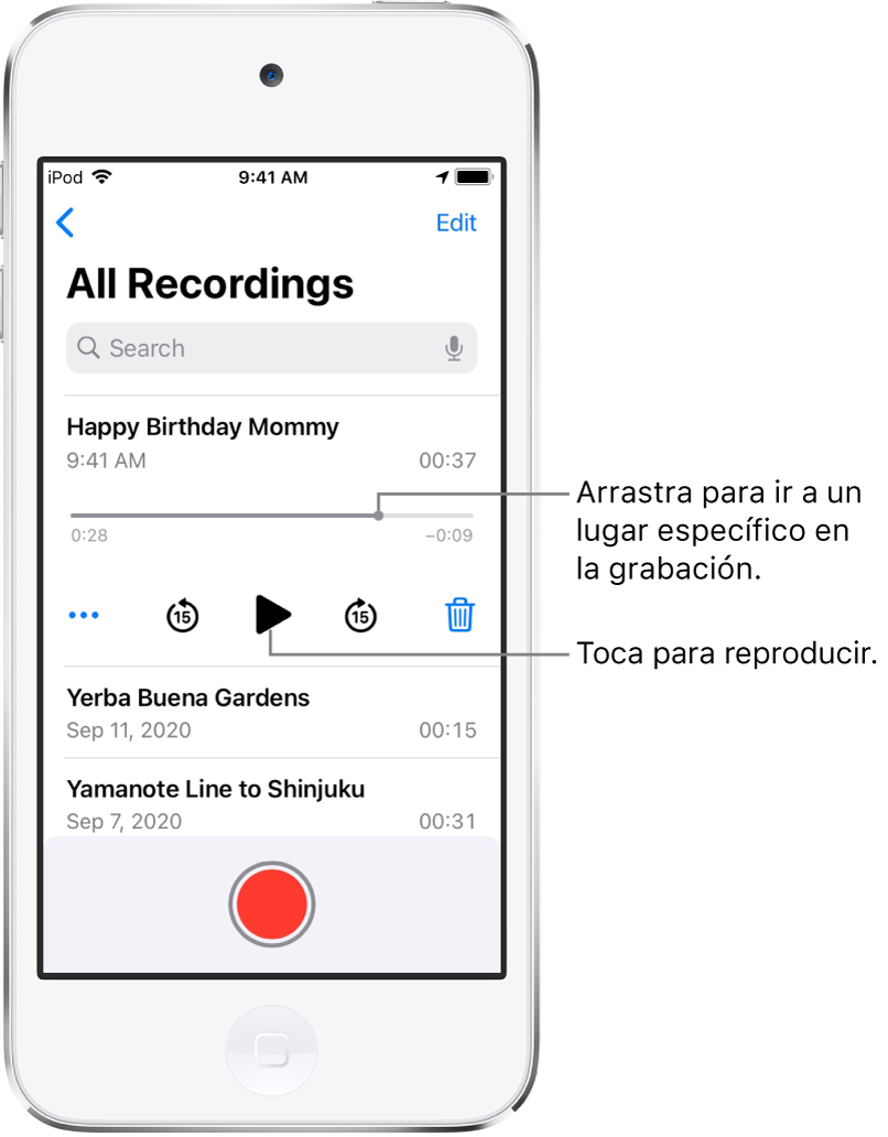La pantalla de Notas de Voz con una grabación seleccionada en la parte superior. La línea del tiempo de la grabación tiene un cursor de reproducción y los tiempos de inicio y fin en cada extremo. Debajo de la línea del tiempo se encuentra el botón Más, que puedes tocar para editar, duplicar o compartir la grabación; y los botones para retroceder 15 segundos, reproducir, avanzar 15 segundos y eliminar. Debajo se encuentra una lista de grabaciones que se pueden abrir con un toque.