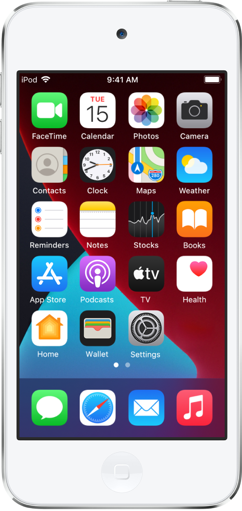 Écran d’accueil de l’iPod touch avec le mode sombre activé.