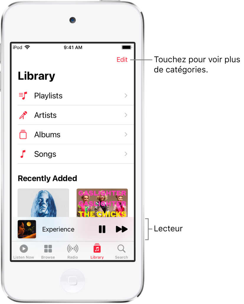 L’écran Bibliothèque avec une liste de catégories contenant Playlists, Artistes, Albums et Morceaux. Le titre Ajouts récents apparaît sous la liste. Le lecteur affichant le titre du morceau en cours d’écoute et les boutons Pause et Suivant qui apparaissent vers le bas de l’écran.
