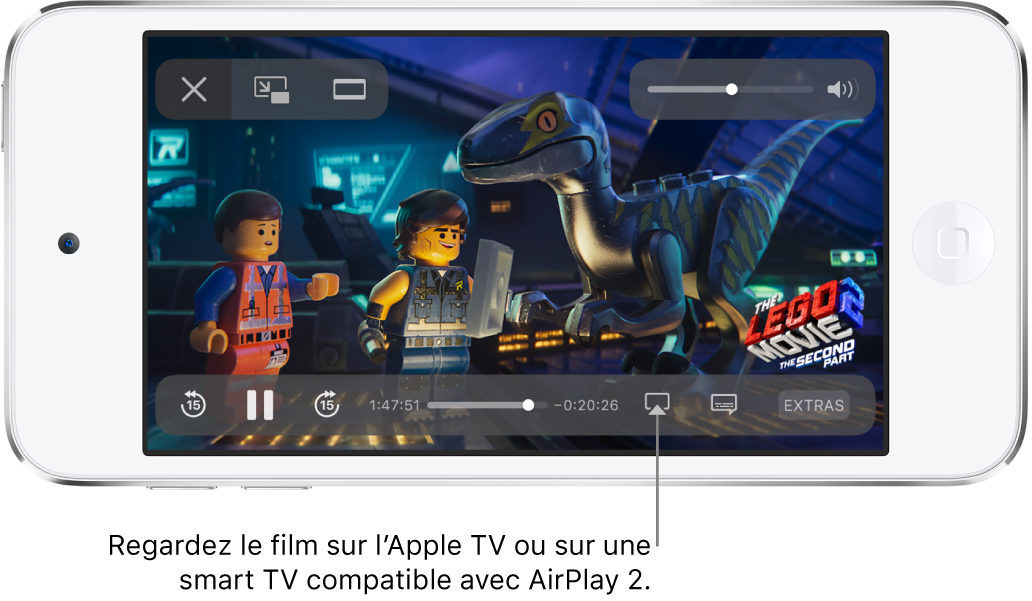 Un film en cours de lecture sur l’écran de l’iPod touch. En bas de l’écran se trouvent les commandes de lecture, notamment le bouton « Recopie de l’écran » en bas à droite.