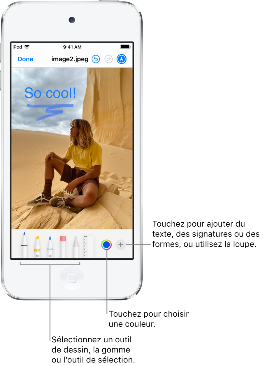 Une image dans une fenêtre d’annotation. Sous l’image, de gauche à droite, se trouvent les boutons permettant d’utiliser les outils d’annotation : des stylos pour dessiner, une gomme, un outil de sélection, des couleurs et des boutons permettant d’ajouter une zone de texte, votre signature et des formes, puis un autre pour sélectionner la loupe.