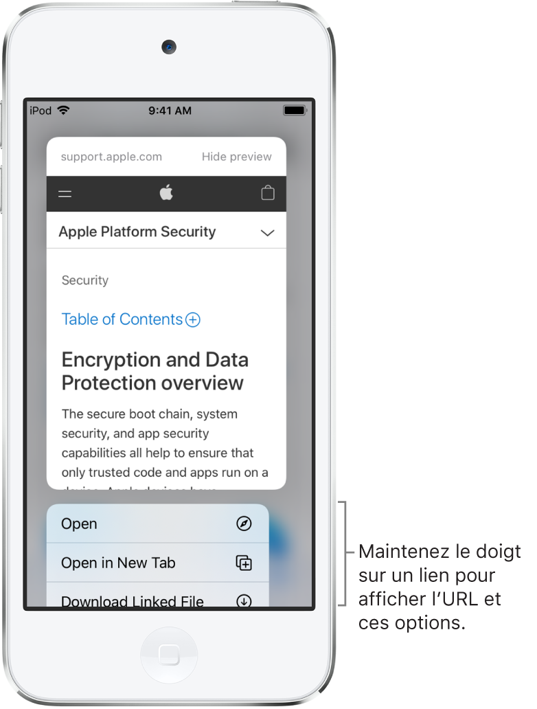Une superposition affichant un aperçu de l’URL de destination suivi d’une liste d’actions possibles : Ouvrir, « Ajouter à la liste de lecture », « Ajouter à Photos », Copier et Partager.
