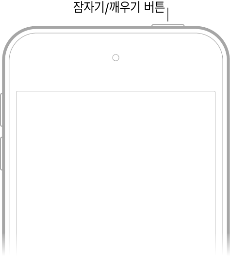 오른쪽 상단 가장자리에 잠자기/깨우기 버튼이 있는 iPod touch의 전면.