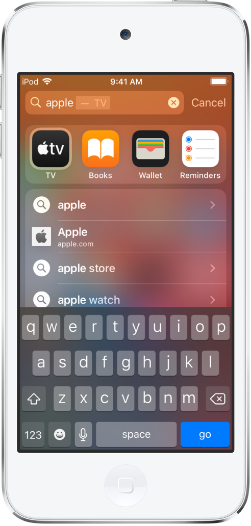 iPod touch에서 검색 질의가 표시된 화면. 상단에 검색 텍스트 ‘apple’이 적힌 검색 필드가 있고 그 아래에는 검색 텍스트에 대한 검색 결과가 표시됨.