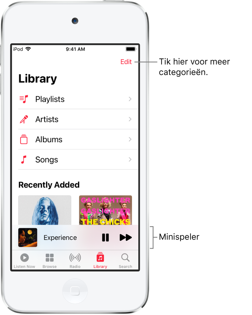 Het Bibliotheek-scherm met een lijst categorieën, waaronder 'Afspeellijsten', 'Artiesten', 'Albums' en 'Nummers'. De kop 'Pas toegevoegd' wordt onder de lijst weergegeven. In de minispeler zie je de titel van het huidige nummer, met de knoppen 'Pauze' en 'Volgende' onderin.