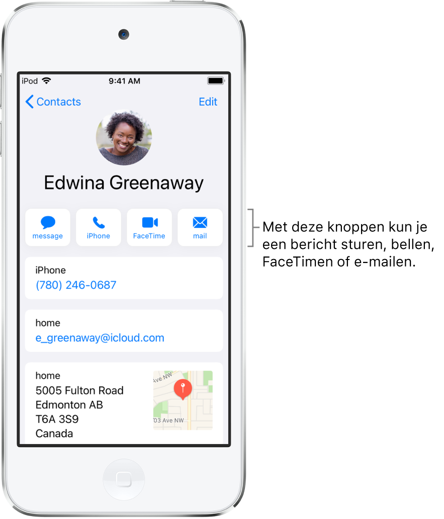 Het informatiescherm voor een contactpersoon. Bovenin staan de naam en foto van de contactpersoon. Daaronder staan knoppen voor het versturen van een bericht, bellen met de telefoon, bellen met FaceTime en het versturen van een e-mail. Onder de knoppen vind je de contactgegevens.