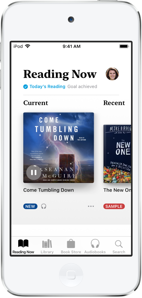 Het tabblad 'Lees ik nu' in de Boeken-app. Onder in het scherm staan van links naar rechts de tabbladen 'Lees ik nu', 'Bibliotheek', 'Book Store', 'Audioboeken' en 'Zoek'.