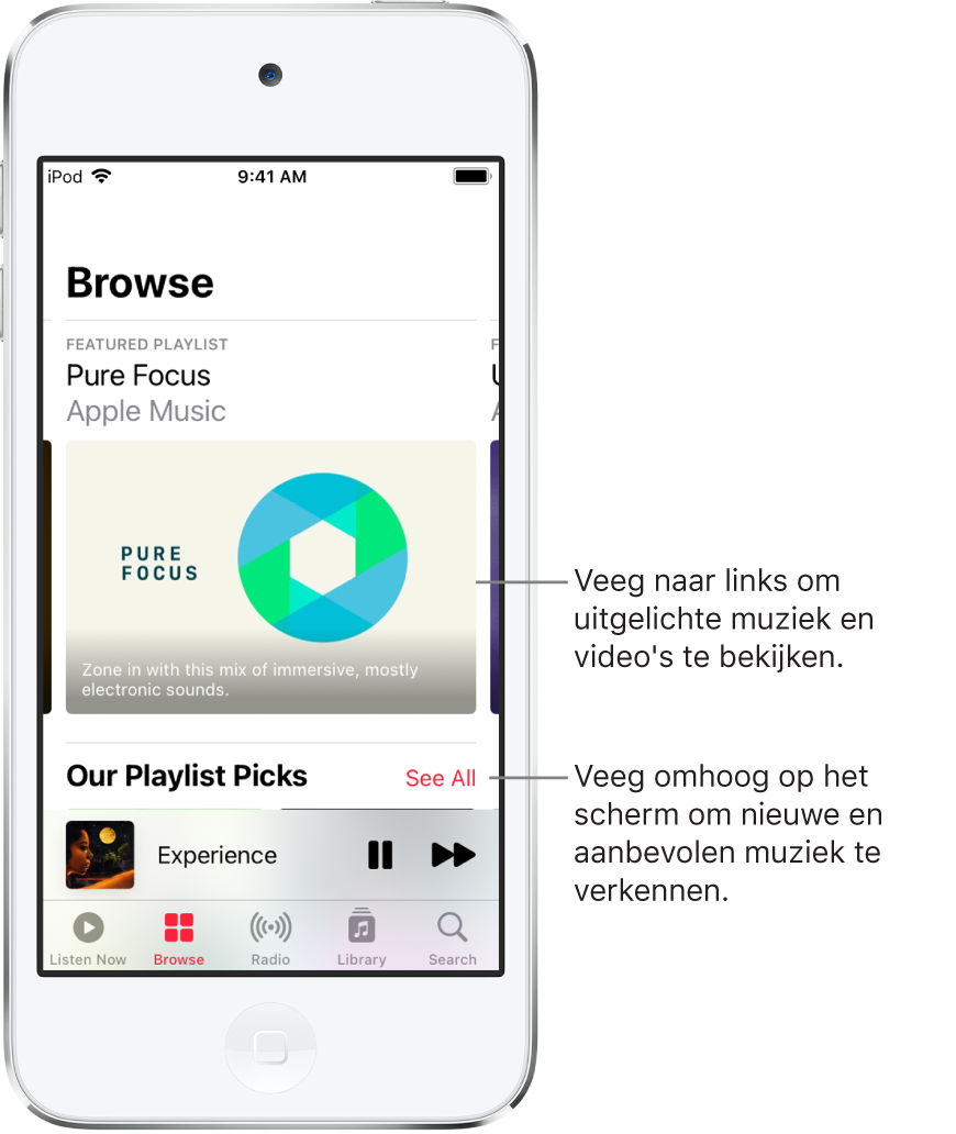 Het scherm 'Ontdek' met bovenin uitgelichte muziek. Je kunt naar links vegen om nog meer uitgelichte muziek en video's te bekijken. Daaronder staat het gedeelte 'Onze favoriete afspeellijsten' met twee Apple Music-stations. Rechts van 'Onze favoriete afspeellijsten' staat de knop 'Bekijk alles'. Veeg omhoog op het scherm om nieuwe en aanbevolen muziek te verkennen.