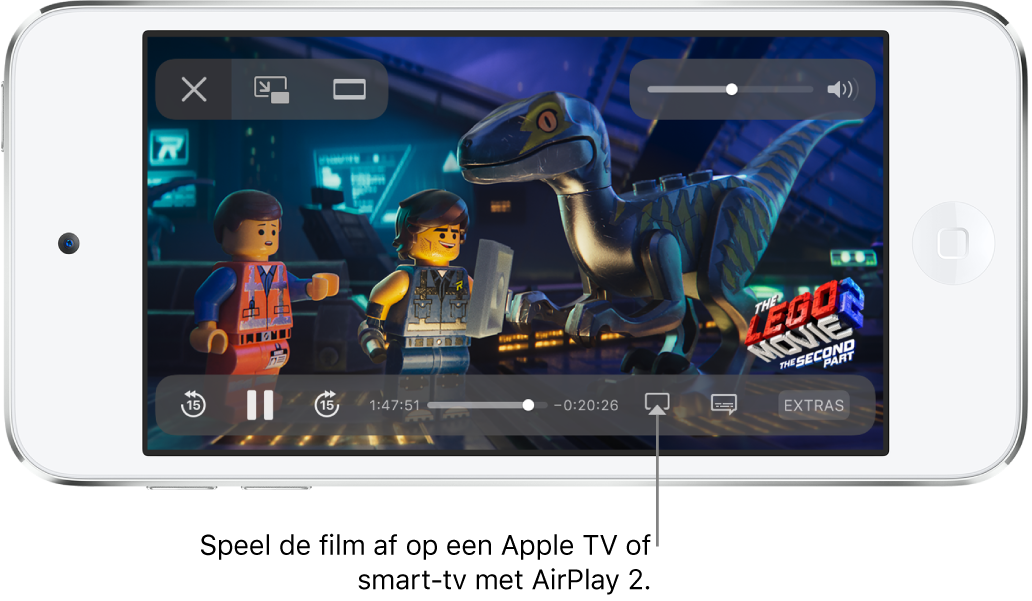 Een film die wordt afgespeeld op het iPod touch-scherm. Onder in het scherm zie je de afspeelregelaars, met rechtsonderin de knop voor synchrone weergave.