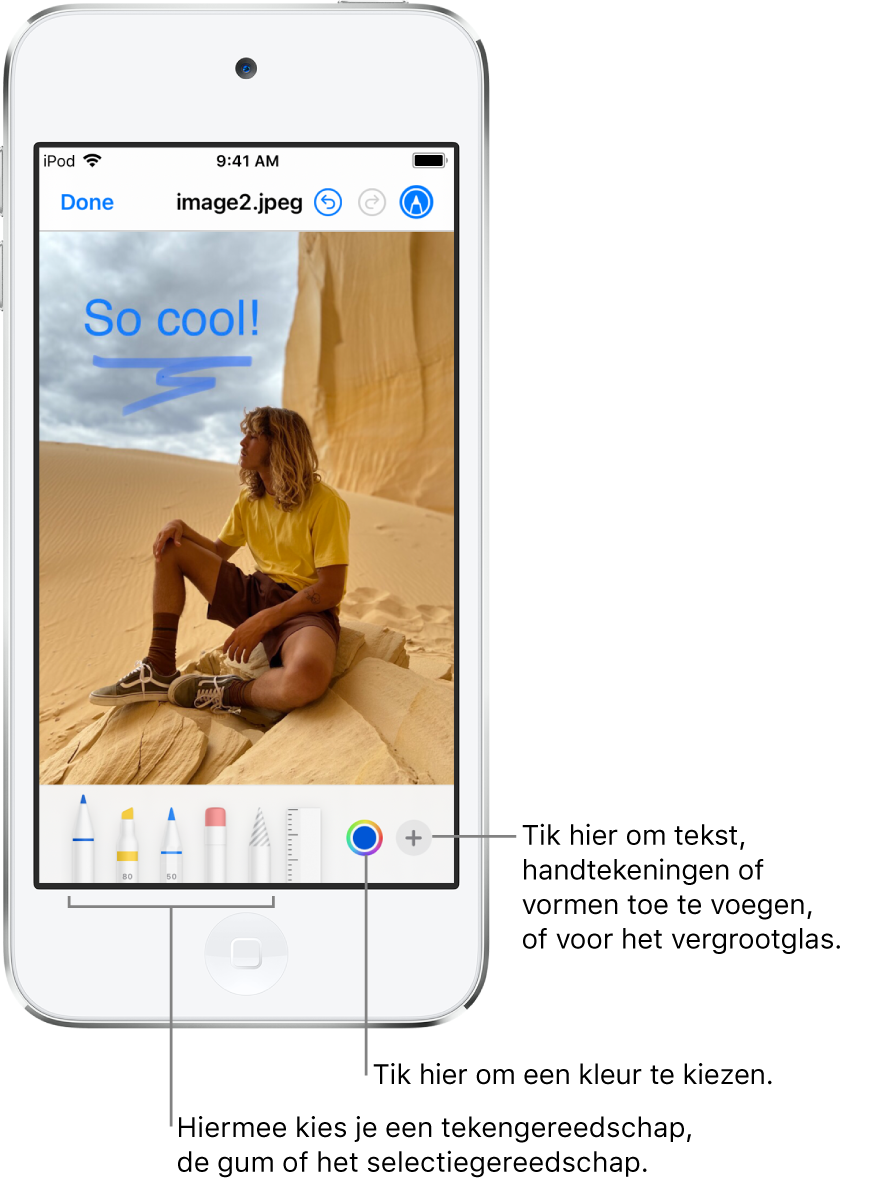 Een afbeelding in het venster 'Markeringen'. Onder de afbeelding zie je van links naar rechts de knoppen voor de annotatiegereedschappen: tekenpennen, gum, selectiegereedschap en kleuren; knoppen voor het toevoegen van een tekstvak, je handtekening en vormen; en een knop voor het vergrootglas.