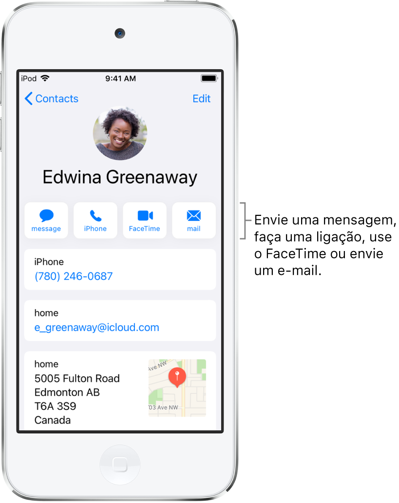 A tela de informações de um contato. Na parte superior encontra-se o nome e a foto do contato. Abaixo encontram-se os botões para enviar uma mensagem, fazer uma ligação telefônica, fazer uma ligação FaceTime e enviar uma mensagem de e-mail. Abaixo dos botões encontram-se as informações de contato.