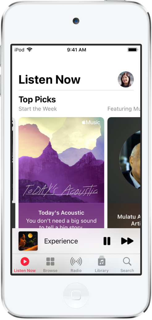 A tela Ouvir Agora mostrando o botão de perfil na parte superior direita. As playlists de Top Picks aparecem abaixo.