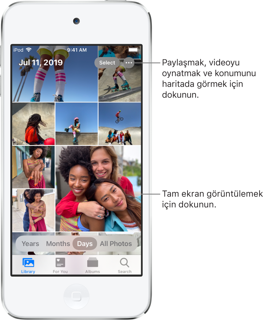 Günler görünümünde gösterilen fotoğraf arşivi. Bir fotoğraf seçkisinin küçük resimleri ekranı dolduruyor. Ekranın sol üstünde fotoğrafların seçildiği tarih ve yer var. Sağ üstte Seç ve Daha Fazla Seçenek düğmeleri var. Küçük resimlerin altında fotoğraf arşivini Yıl’a, Ay’a, Gün’e göre ve Tüm Fotoğraflar’ı görüntüleme seçenekleri var. En altta Arşiv, Sizin İçin, Albümler ve Ara sekmeleri var.