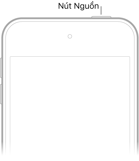 Mặt trước của iPod touch với nút Nguồn ở cạnh trên cùng bên phải.