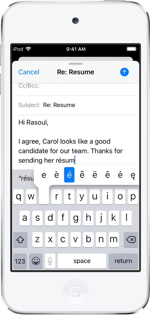 Một màn hình đang hiển thị một email đang được soạn. Bàn phím được mở và đang hiển thị các ký tự thay thế cho phím “e”.