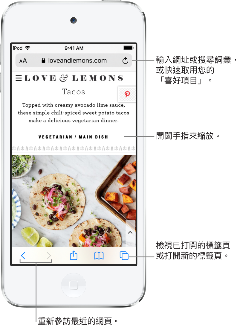 Safari 中打開網站,網址欄位在最上方。底部由左至右依序為「往後」、「往前」、「分享」、「書籤」和「頁面」按鈕。