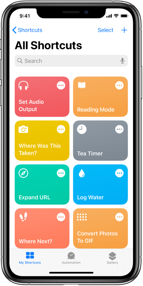 Етикетът My Shortcuts (Моите Бързи клавиши). Списък от бързите клавиши за обичайни ежедневни задачи, например за настройка на таймер за чай или за намирането на ресторант за суши. В долния край са етикетите Automation (Автоматизация) и Gallery (Галерия).