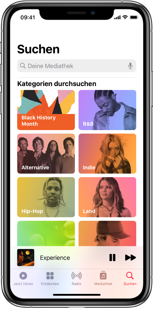 Der Bildschirm zum Suchen mit dem Suchfeld oben. Darunter befindet sich der Bereich „Kategorien durchsuchen“ mit acht Kategorien.
