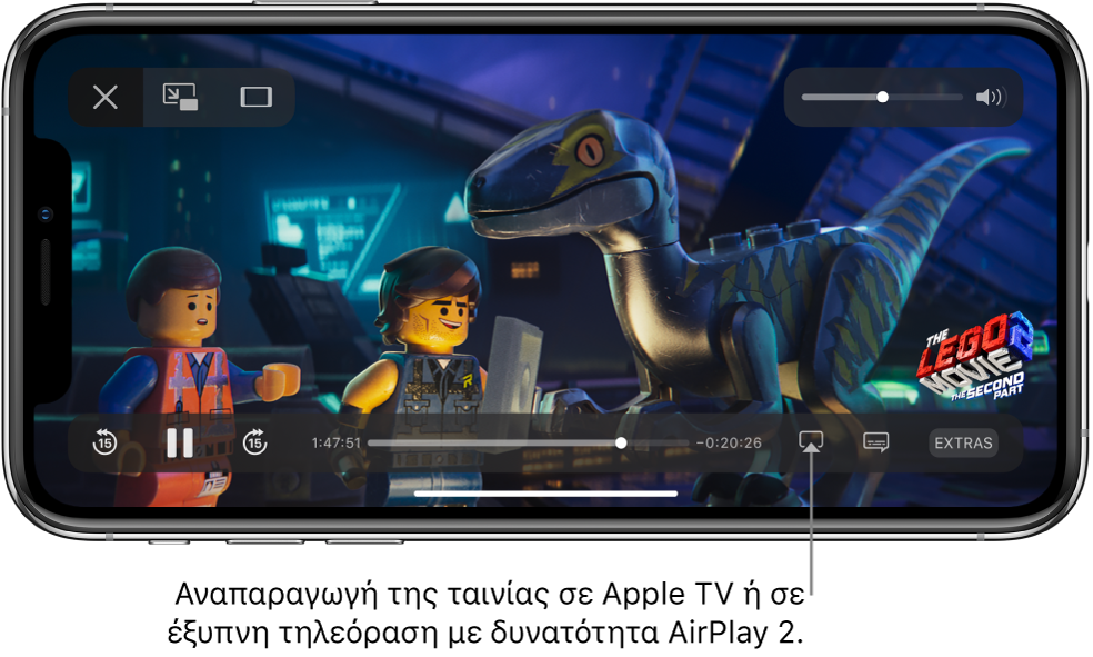 Μια οθόνη αναπαράγεται στην οθόνη του iPhone. Στο κάτω μέρος της οθόνης βρίσκονται τα χειριστήρια αναπαραγωγής και το κουμπί Κατοπτρισμού οθόνης βρίσκεται κάτω δεξιά.