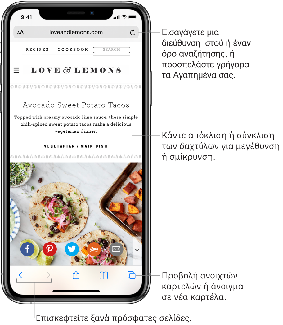 Ένας ιστότοπος ανοιχτός στο Safari, με το πεδίο διεύθυνσης στο πάνω μέρος. Στο κάτω μέρος, από αριστερά προς δεξιά, βρίσκονται τα κουμπιά «Πίσω», «Μπροστά» και «Κοινή χρήση», «Σελιδοδείκτες» και «Σελίδες».