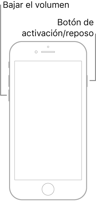 Una ilustración de un iPhone 7 con la pantalla hacia arriba. El botón para bajar el volumen se encuentra en el lado izquierdo del dispositivo, y el botón Activación/reposo está en el lado derecho.
