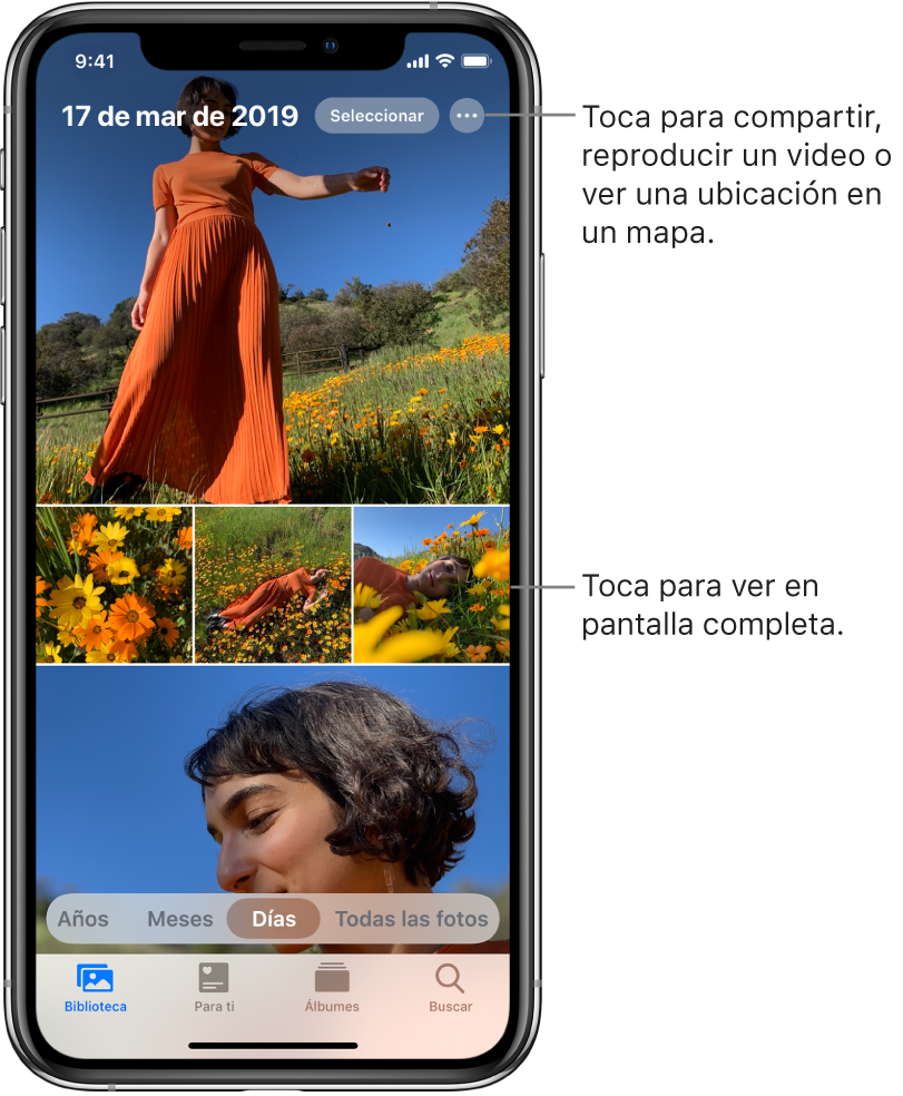 La fototeca en la vista Días. Una selección de miniaturas de fotos llena la pantalla. En la parte superior izquierda de la pantalla están la fecha y la ubicación en las que se tomaron las fotos. En la parte superior derecha están los botones Seleccionar y "Más opciones" para compartir fotos y ver detalles. Debajo de las miniaturas están las opciones para ver la fototeca por años, meses, días y todas las fotos. A lo largo de la parte inferior están las pestañas Biblioteca, Para ti, Álbumes y Buscar.