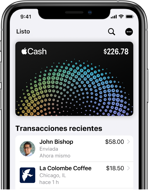 La tarjeta Apple Cash en Wallet mostrando el botón Más en la parte superior derecha y las transacciones más recientes debajo de la tarjeta.