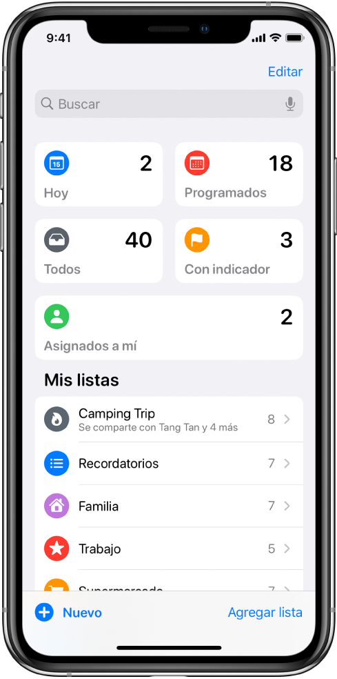 Una pantalla mostrando varias listas en Recordatorios. Las listas inteligentes aparecen en la parte superior de los recordatorios que vencen hoy, los recordatorios programados, todos los recordatorios y los recordatorios marcados. El botón "Agregar lista" se encuentra en la parte inferior derecha.