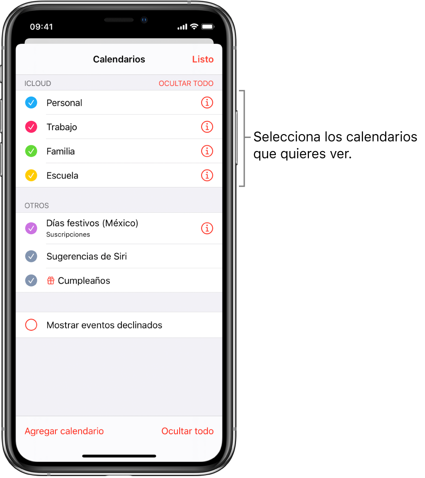 La lista de calendarios indica qué calendarios están activos mediante una marca de verificación. El botón Listo para cerrar la lista en la esquina superior derecha.