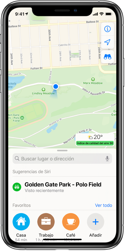 Mapa de un parque, con tres favoritos que se muestran en la parte inferior de la pantalla. Los favoritos son Casa, Trabajo y Café.
