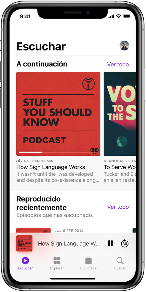 Pestaña Escuchar con los episodios que se han actualizado recientemente.