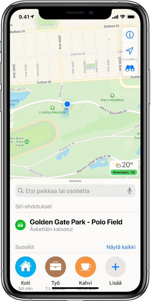 Puiston kartta sekä kolme suosikkia näytön alareunassa. Suosikit ovat Koti, Työ ja Kahvi.